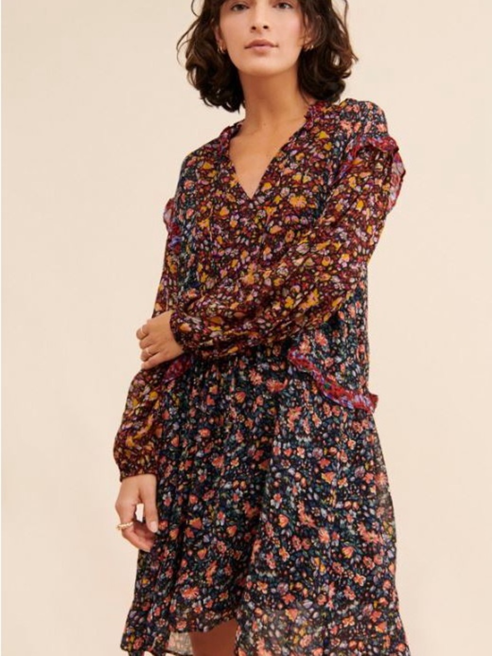 Anthropologie Helene Tunic Dress - Black Floral Ruffled Chiffon Boho Dress
